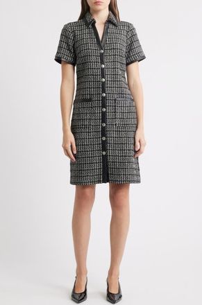 Eliza J Button Front Tweed Shirtdress in Black at Nordstrom, Size 14