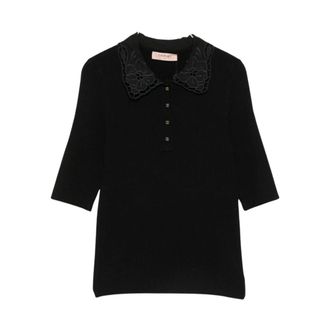 Twinset Tops, Dames, Zwart, M, Ribbed Polo Shirt