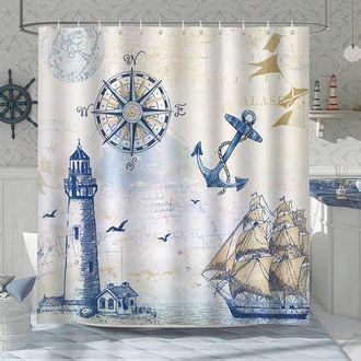 OEM Cortina De Ducha N&aacute;utica Con Faro, Velero, Br&uacute;jula Y Ancla. 180 X 200 Cm. Cortina De Ba&ntilde;o De Poli&eacute;ster, Resistente Al Moho, Impermeable Y Lavable