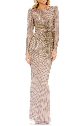 Mac Duggal Embellished Puff Sleeve Side Knot Gown in Mocha at Nordstrom, Size 14