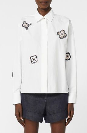 Max Mara Shock Embroidered Long Sleeve Button-Up Shirt in Optical White at Nordstrom, Size 12