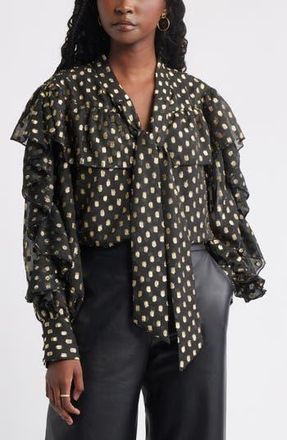 Treasure & Bond Tie Neck Metallic Chiffon Top in Black Lurex Dot at Nordstrom Rack, Size Xx-Small