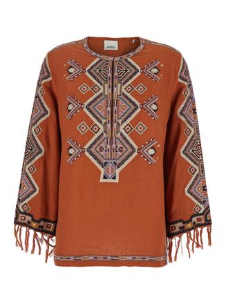 Isabel Marant Zelda Orange Blouse With Fringed Cuffs And All-Over Beaded Embroidery In Silk Woman