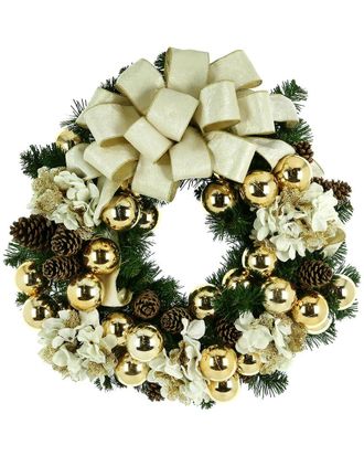Creative Displays Inc. 26 Hydrangea Cream And Gold Christmas Wreath With A Large Bow And Ornaments