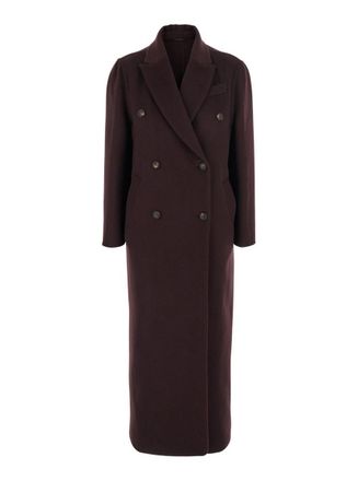 Brunello Cucinelli Bordeaux Double-Breasted Coat With Peak Revers In Cashmere Woman