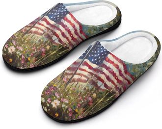 Generic Memorial Day U.S.A. Flag Flowers Slippers Men Winter Warm Cotton Anti-Slip Indoor Slip-Ons House Shoes