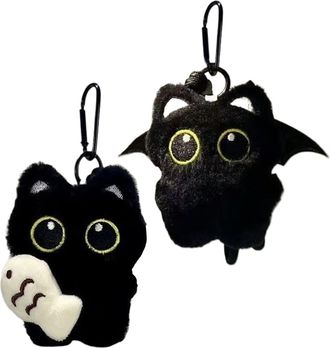 Generic Black Cat Plush Keychain, 2Pc Cute Black Cat Plush Pendant, Cartoon kitten Holding a Fish and Ghost kitten Key Chain Decor for Car Bag Purses Cats Lov