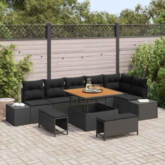 vidaXL Vidaxl - Conjunto De Sof&aacute; De Jard&iacute;n Con Coj&iacute;n 9 Pcs Negro Polirat&aacute;n