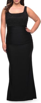 La Femme Long Lace and Jersey Gown with Rhinestones in Black at Nordstrom, Size 14W