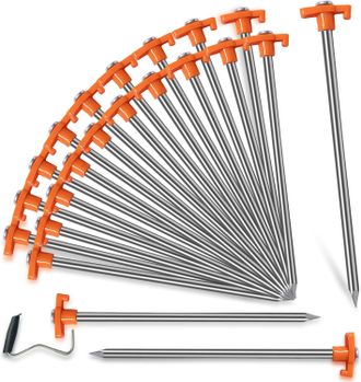 OEM Paquete De 20 Estacas Para Tienda De Campa&ntilde;a, Acero Galvanizado, Cabeza En T, 25 Cm, Naranja, Camping, Jardiner&iacute;a, Senderismo