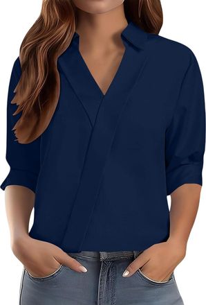 Generic Going Out Outfits for Women 3/4 Sleeve Tops for Women Uk Casual Elegant V-Neck Lapel Blouse Business Work Pleated Shirts Lightweight Solid Colour Plus