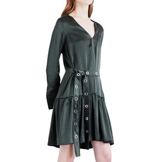 Sandro Olive Satin Dress with Eyelet Detailed Belt Size L