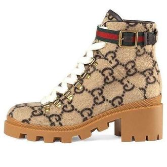 Gucci (WMNS) Gucci GG Monogram Lace Up Combat Ankle Boots Beige 578585-G38H0-9772