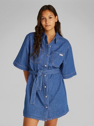 Calvin Klein Jeans Jeanskleid CALVIN KLEIN JEANS LINEN BOXY BELTED SHIRT DRESS, Damen, Gr. S (36), N-Gr, blau (denim medium), Denim/Jeans, Obermaterial: 100% Baumwolle, 