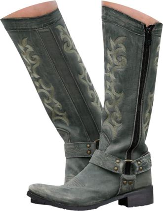 Generic Cowboy Boots for Women Extra Wide Embroidered Mid Calf Cowgirl Boot Wide Calf Low Heel Western Booties Leather Knee High Booties Comfortable Chunky Bl