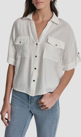 DKNY Short Sleeve Roll Tab Shirt in Ivory at Nordstrom, Size X-Large