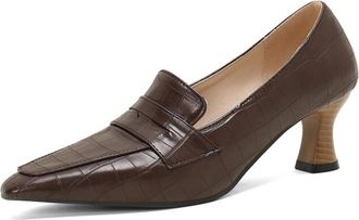 Generic Women Pointed Toe Loafers Solid Color Crocodile Texture Penny Strap Curved Block Heel Slip On Narrow Toe Cap Non Slip Durable Comfortable Dress Shoes,