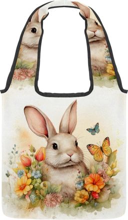 Generic Watercolor Floral Rabbit Reversible Canvas Shoulder Tote - Double-Sided Print, 12oz Cotton, 27cm Drop, Fold-Flat Bag for Travel, Shopping, Street Outi