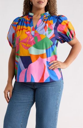 Sugarlips Josy Chroma Abstract Puff Sleeve Top in Red-Blue-Multi at Nordstrom, Size 3 X