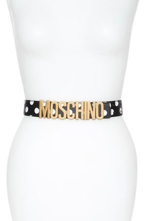 Moschino Logo Plate Polka Dot Saffiano Leather Belt in Black/Gold at Nordstrom, Size 42