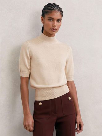 Reiss Neutral Cotton and Wool Funnel-neck Knit Top, XS