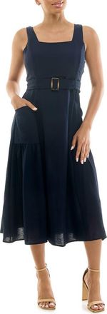 Nina Leonard Square Neck Sleeveless Belted Midi Dress in Navy at Nordstrom Rack, Size Medium