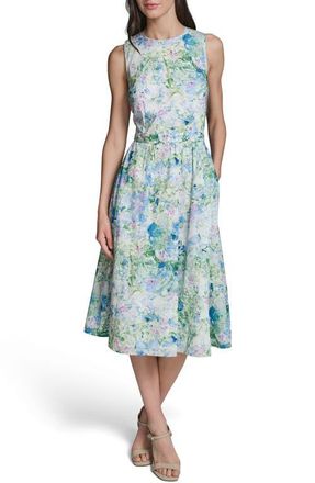 Karl Lagerfeld Print Tie Back Midi Dress in Sky Blue Multi at Nordstrom, Size 14