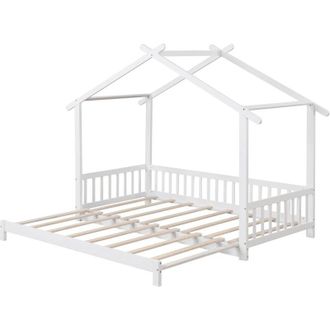 Costway Letto Casa Estensibili in Legno, Singolo a Matrimoniale con Recinzione di Sicurezza e Tetto Decorativo, Letto Struttura per Adolescenti