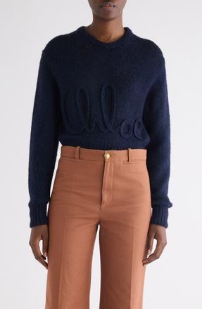 Chlo&eacute; Raised Logo Alpaca & Silk Sweater in Navy at Nordstrom, Size X-Large