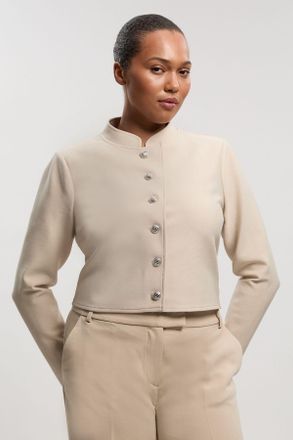 Karen Millen Womens Plus Size Figure Form Bandage Cropped Button Up Knit Jacket - Beige - Size 18 UK