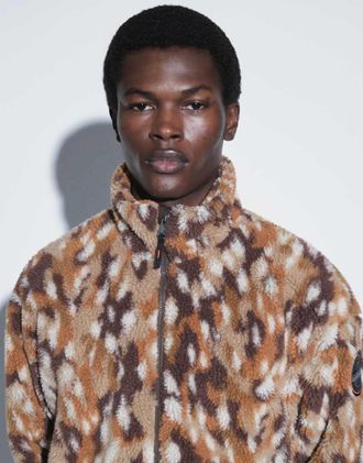 Napapijri pile jacquard full zip con stampa cervi-Marrone