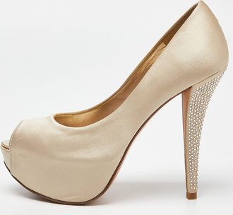 Stuart Weitzman Beige Satin Platform Peep Toe Pumps