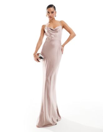 Pretty Lavish Bridesmaid Keisha satin cowl neck maxi dress in amethyst-pink