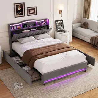 OEM Cama Doble - Tama&ntilde;o Queen 160x200 - 4 Cajones Y Cabecera Acolchada - Led Multicolor + Usb/tipo-c - Soporte 300 Kg