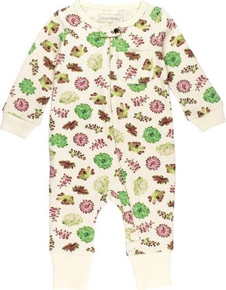 LOvedbaby Organic Cotton Zip Romper in Buttercream Succulents at Nordstrom, Size 12-18M
