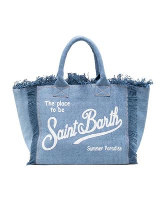 MC2 Saint Barth Fringed Denim Tote Bag with Internal Flap and Zippered Pocket