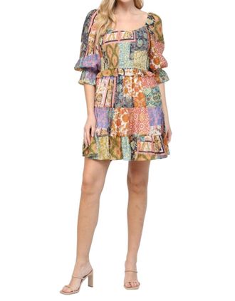 Fate Patch Work Print Smocked Bodice Dress In Orange Mixed Print