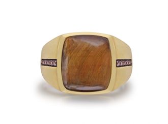 LuvMyJewelry Chatoyant Yellow Tiger Eye Silver Diamond Men Signet Ring
