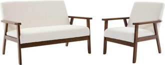 Sweeek Sof&aacute; y sill&oacute;n 2 plazas en tejido borreguito, patas te&ntilde;idas madera