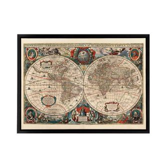 Artery8 Hondius Pictorial Map 1641 World Hemispheres Framed Canvas Wall Art Print in Beige | Size: W24 x H32