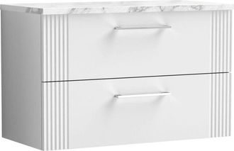 Nuie Nuie - Deco Wall Hung 2-Drawer Vanity Unit with Carrera Marble Worktop 800mm Wide - Satin White