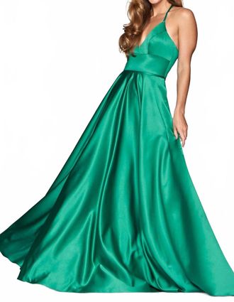 Faviana Satin Evening Gown In Jade