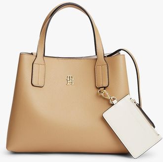 Tommy Hilfiger Womens Monogram Pebbled Mini Satchel Bag - Beige