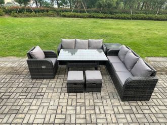 Fimous 9 Seater Rattan Garden Furniture Set Oblong Rectangular Dining Table & Chairs Set with 3 Seater Sofa Side Table 2 Small Footstools in Dark Grey