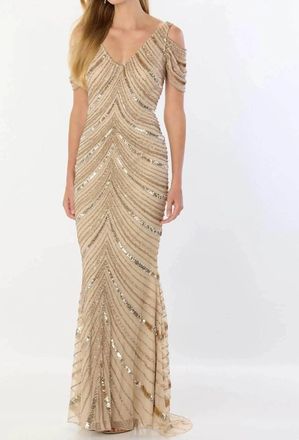 Montage by Mon Cheri Short Sleeve Fitted Bodice Gown In Champagne