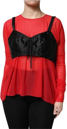 Dolce & Gabbana Gelaagde Mesh Top met Satin Corset - Dames - Longsleeves - Rood - S - Nylon - Tops