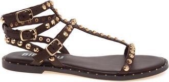 Bibi Lou Platte sandaal met studs - Dames - Sandalen - Bruin - 40 EU - Leer - Schoenen
