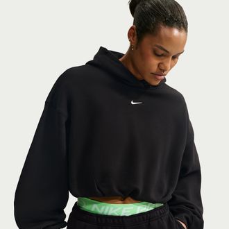 Nike Womens Studio Fleece Medium Weight Oversized Cropped Hoodie in Black | IM8096-001