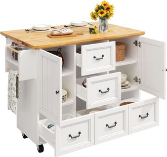 STILVORA Carro De Cocina Con 2 Puertas 5 Cajones Encimera Plegable Y Ruedas, En Mdf Y Metal, 120x45x93 Cm, Blanco