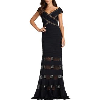Tadashi Shoji Pintuck Ladder Stitch Lace Inset Trumpet Gown in Black at Nordstrom, Size X-Large